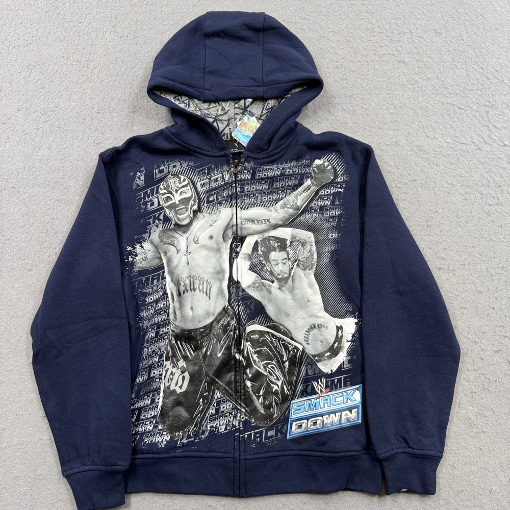 NEW WWE SmackDown Hoodie Boy's Large Navy Blue 2009 Rey Mysterio CM Punk Zip Up